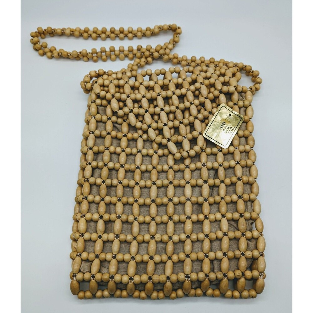 Vintage 80's Magid Crossbody Shoulder Handbag Purse Tan Blonde Wooden Bead BOHO